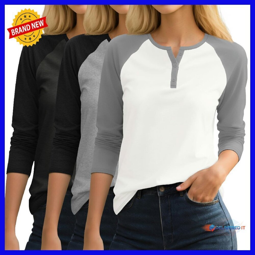 3-Pack 3/4 Sleeve Raglan V-Neck Tunic Tops Stretchy Fabric Loose Fit